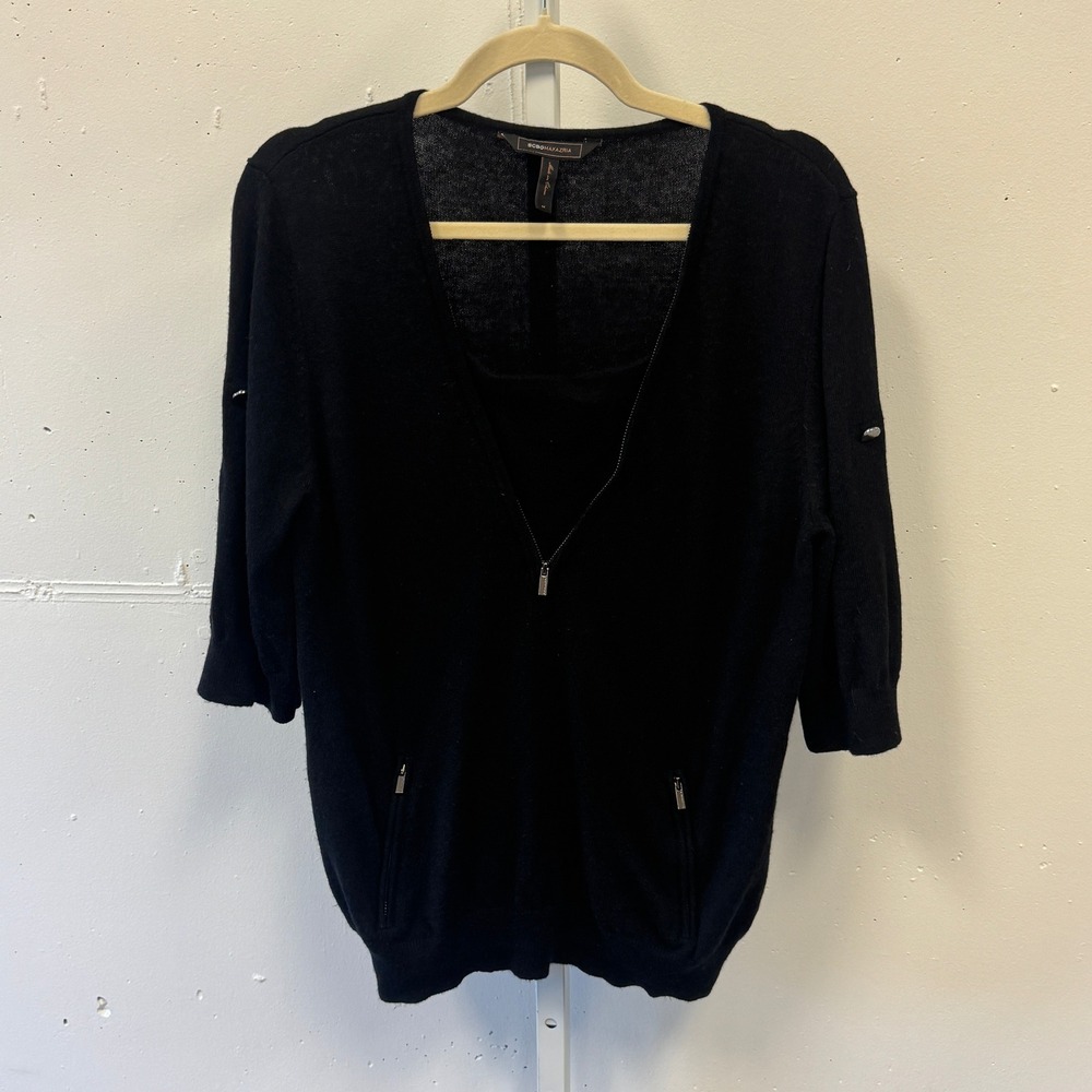 BCBGMAXAZRIA‎ Black 100% Lambswool Zip V-Neck Layered Sweater KKG1E305 Medium
